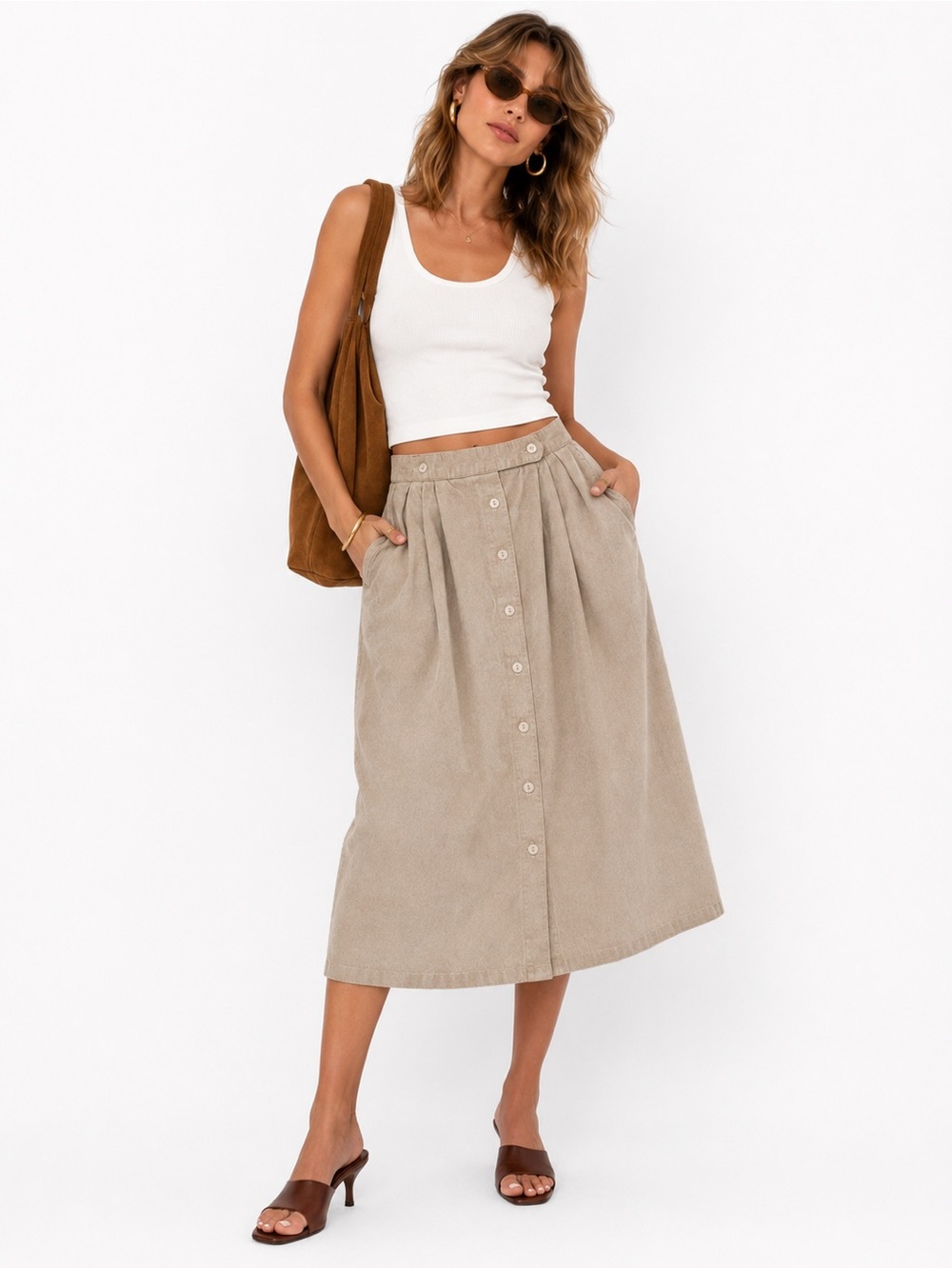 Vintage Ashley Corduroy Midi Skirt Button Front Pleated Beige Fits Size 8/10 - Picture 10 of 10